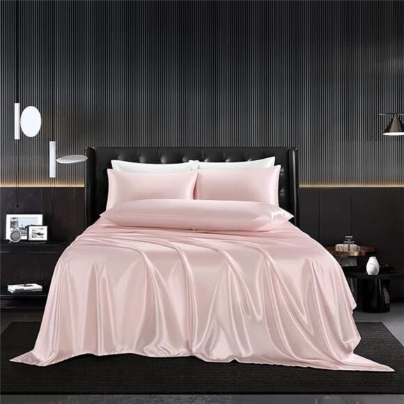 5Pcs Blush Pink Silk Sheets King Satin SheetsSet KingSize Sheets Silky Comforter - Picture 8 of 8